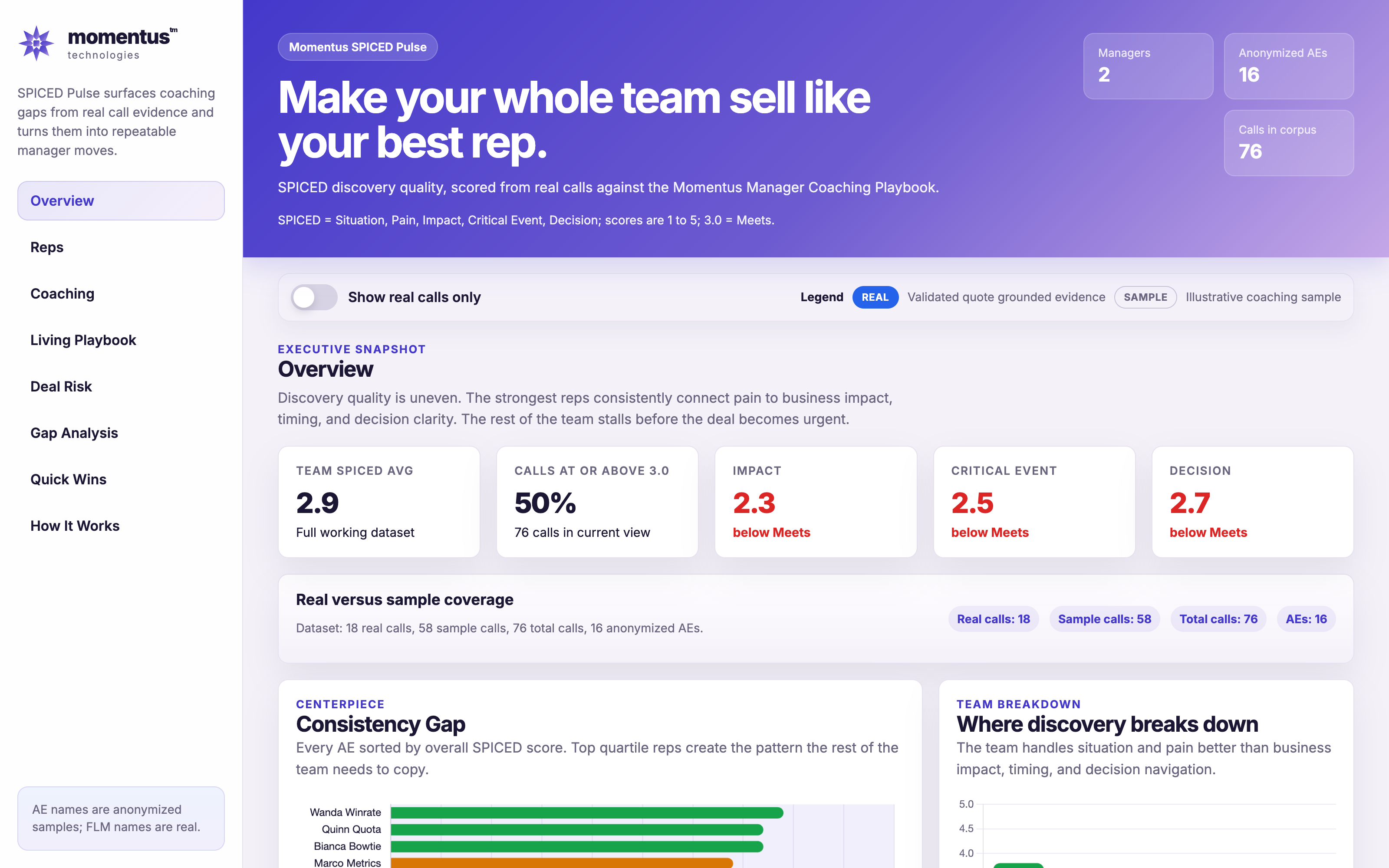 SPICED Pulse coaching dashboard, anonymized sample